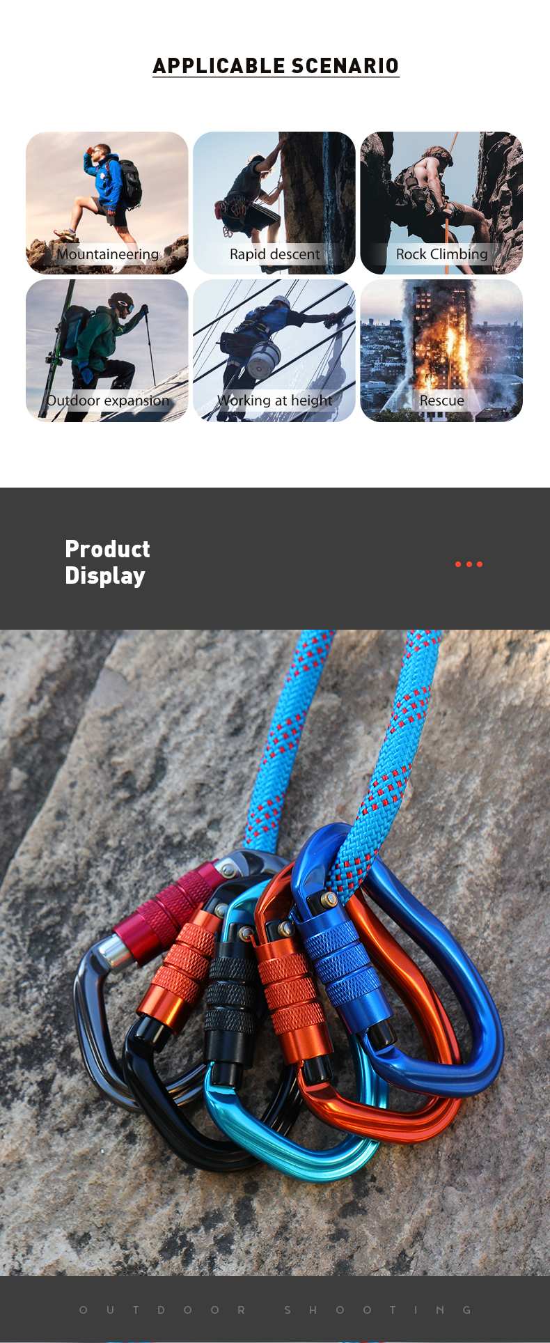 Bergsteiger-Schnalle, Outdoor-Bergsteiger-Kletterausrüstung, verschleißfest, HMS-Typ-Sicherheitshaken, Aluminiumlegierung, automatische 2-stufige Hauptverriegelung