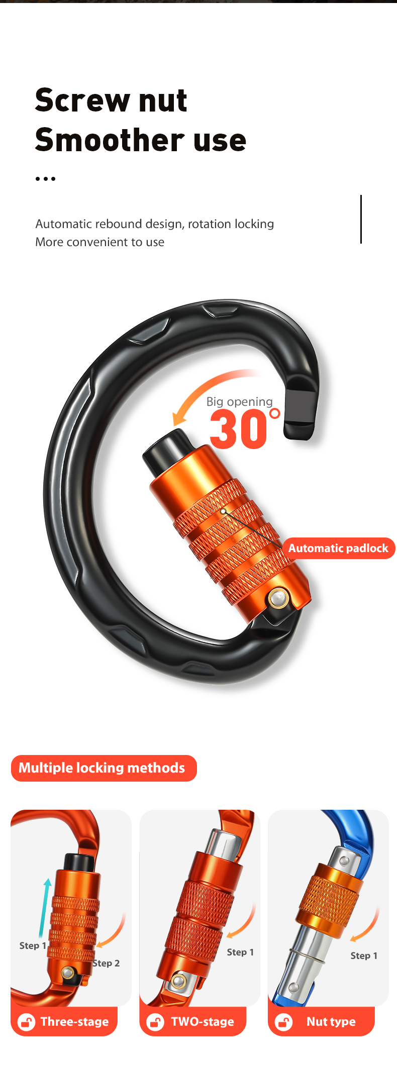 Bergsteigerschnalle, Outdoor-Kletterausrüstung, verschleißfester halbrunder Sicherheitshaken, automatisches 3-teiliges Hauptschloss aus Aluminiumlegierung